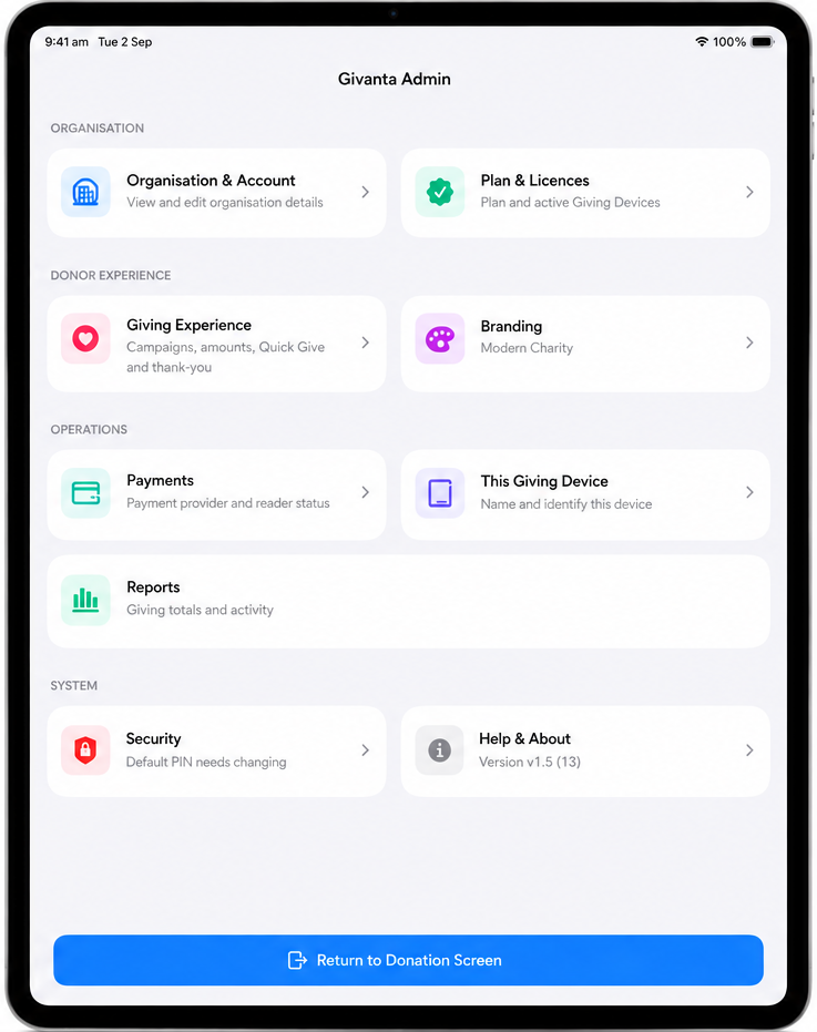 Givanta on-device Admin menu showing Organisation & Account, Plan & Licences, Giving Experience, Branding, Payments, This Giving Device, Reports, Security and Help & About