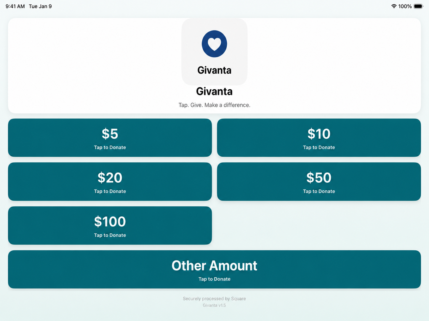 Givanta Giving Device home screen with donation amount buttons from $5 to $100 and an Other Amount option