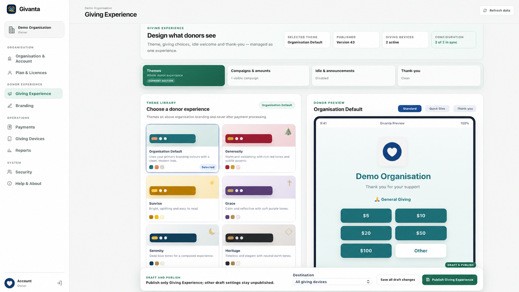 Givanta Cloud Admin Giving Experience screen for configuring themes, campaigns and giving devices