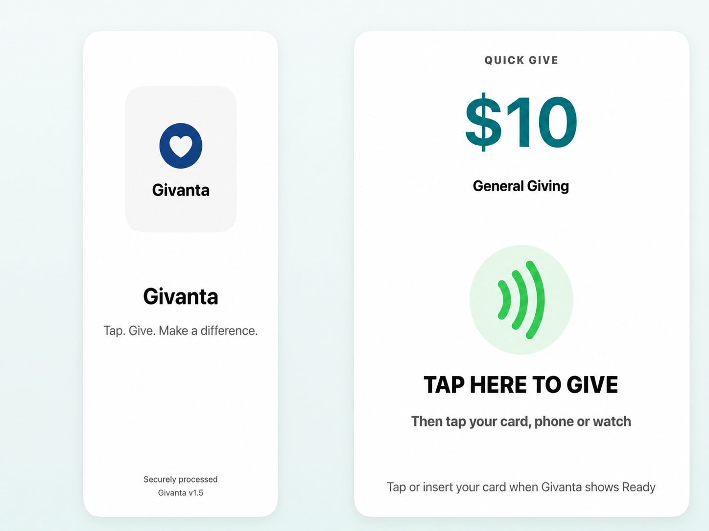 Givanta Quick Give screen showing a $10 tap-to-give action